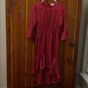 deep red high/low dress w/ruffle hem